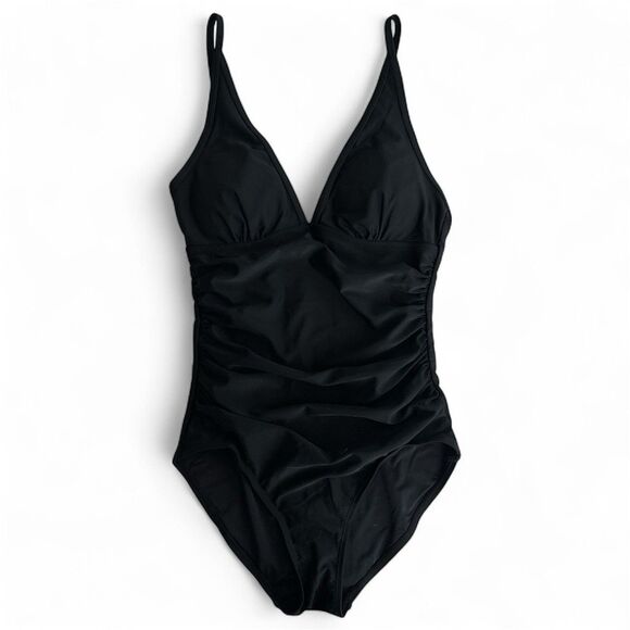 Beautikini Women's Small Black One-Piece Swimsuit V-Neck Ruched Bathing Suit - Picture 1 of 5